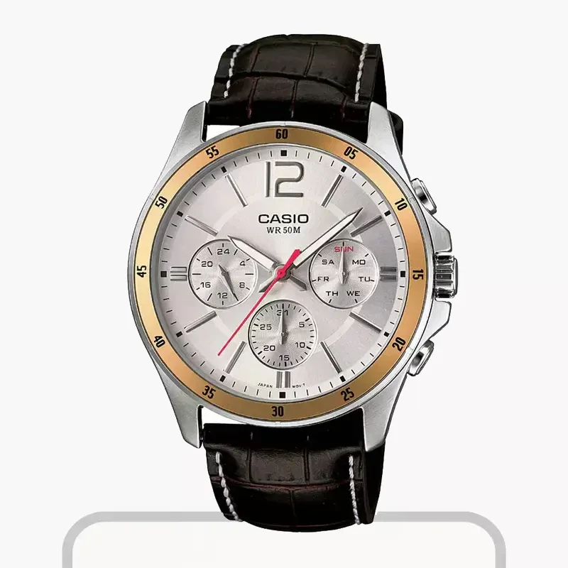 Casio Enticer Silver Dial Leather Men's Watch- MTP-1374L-7AVDF